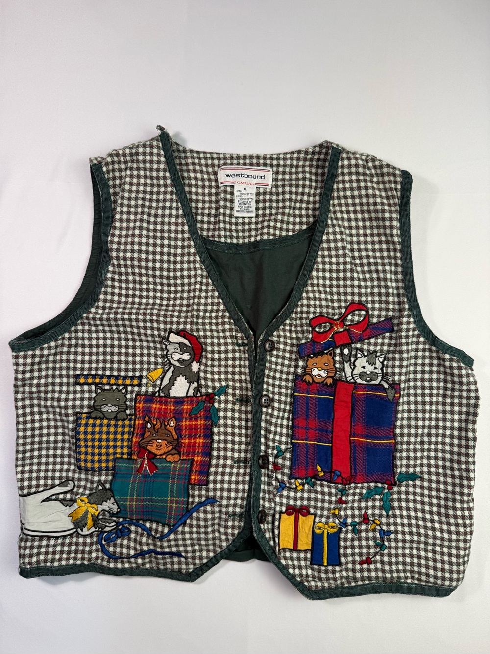 Westbound Green Gingham Holiday Cat Pocket Vest